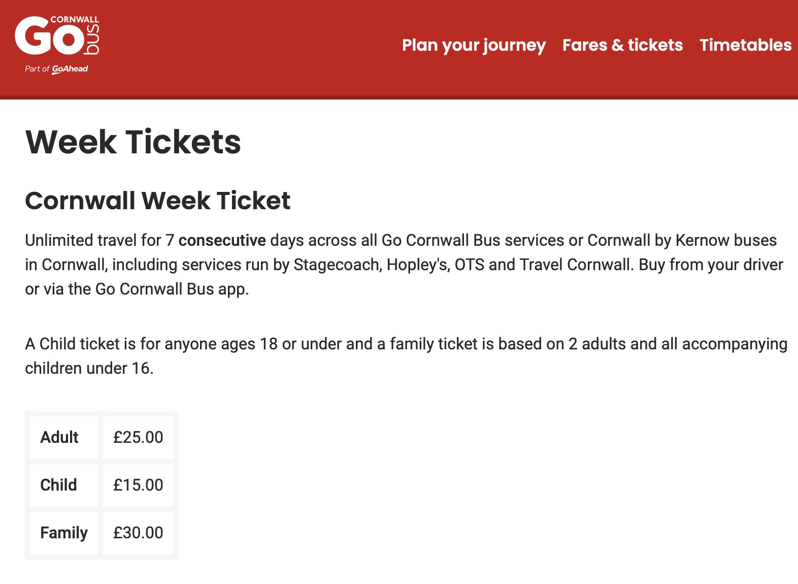 GoCornwall week ticket £30