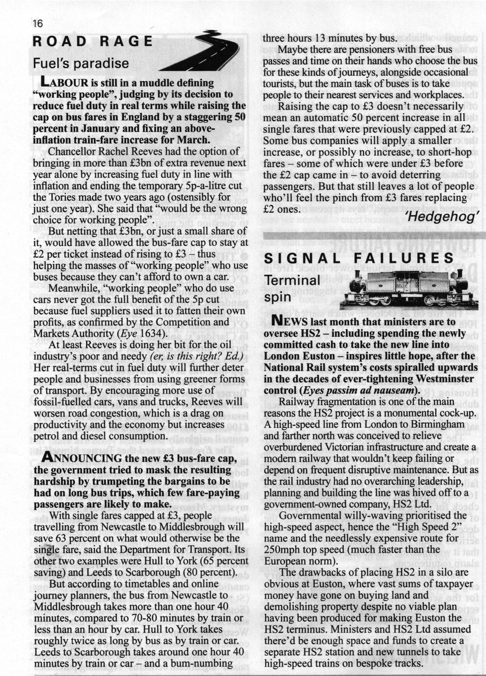 Private Eye bus fares