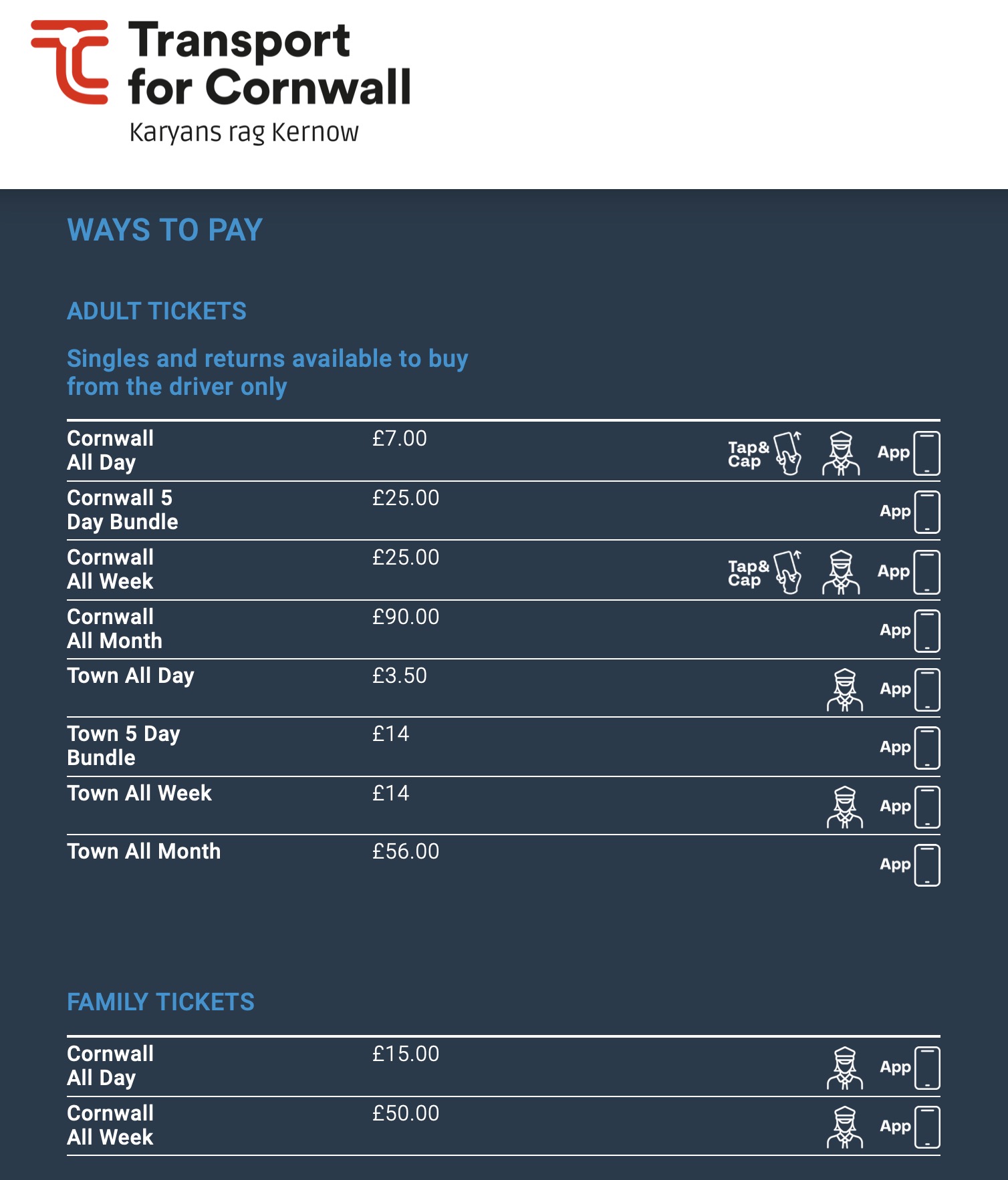 Transport for Cornwall price table